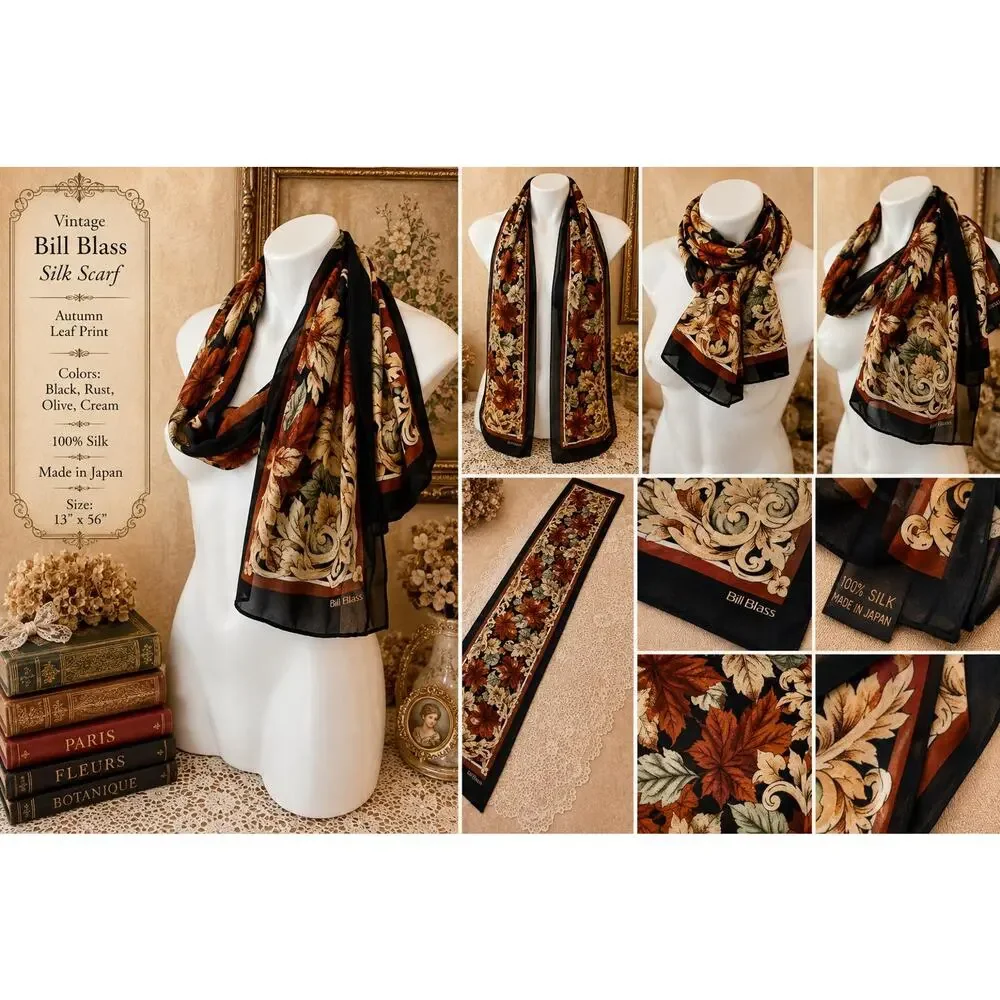 Vintage Bill Blass 80s Silk Autumn Leaf Print Scarf Black Rust 13x56